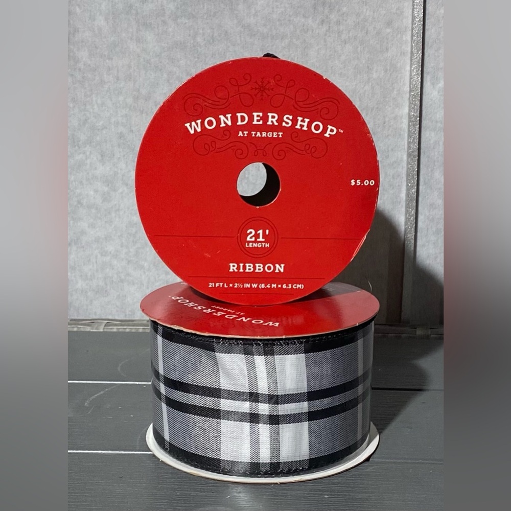 New 2.5" Black and White Plaid Ribbon 21” - Wondershop